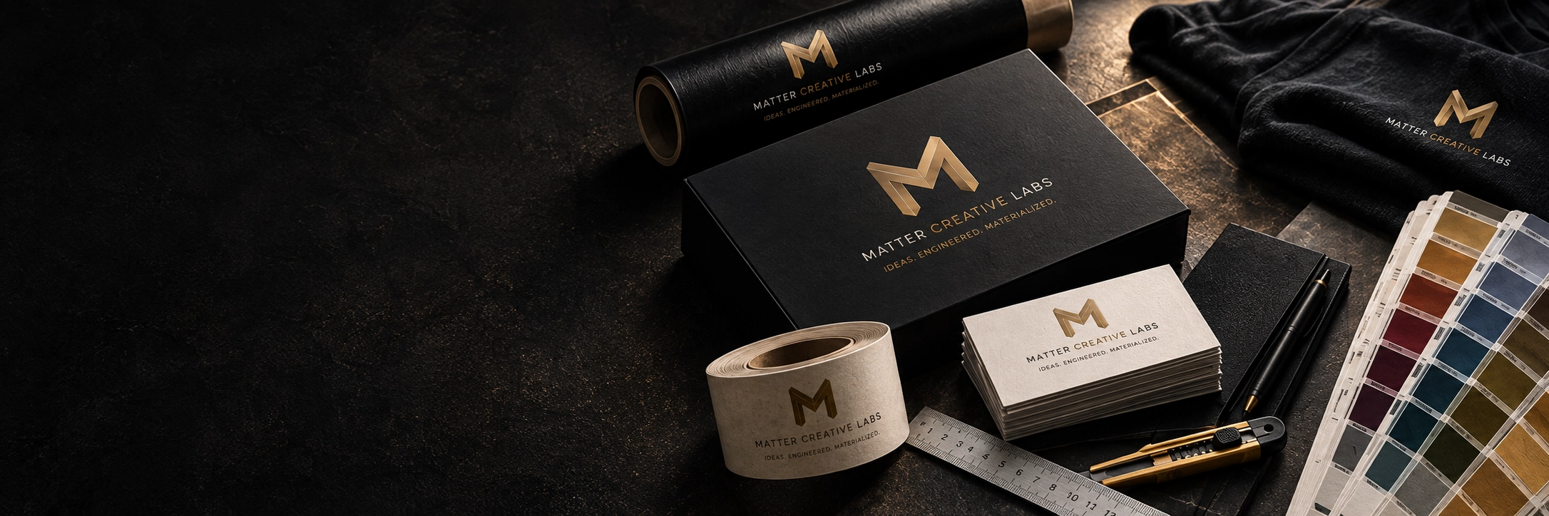 Mesa de trabajo con materiales de branding